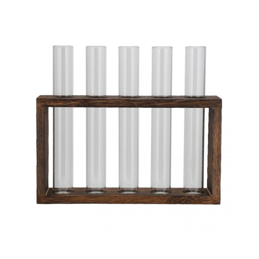 Tabletop Glass Tube Vase High Borosilicate Glass Pine Wood Frame Retro Tube Plant Vase for Hydroponic Plants Home Decoration5 Bottles