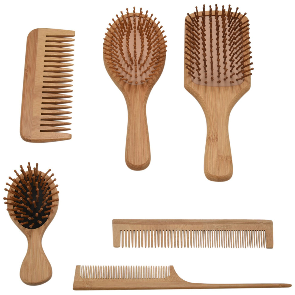 Jojomino Unisex 6Pc/Set Wood Comb Healthy Paddle Cushion Hair Loss Massage Brush Hairbrush Scalp Care Bamboo