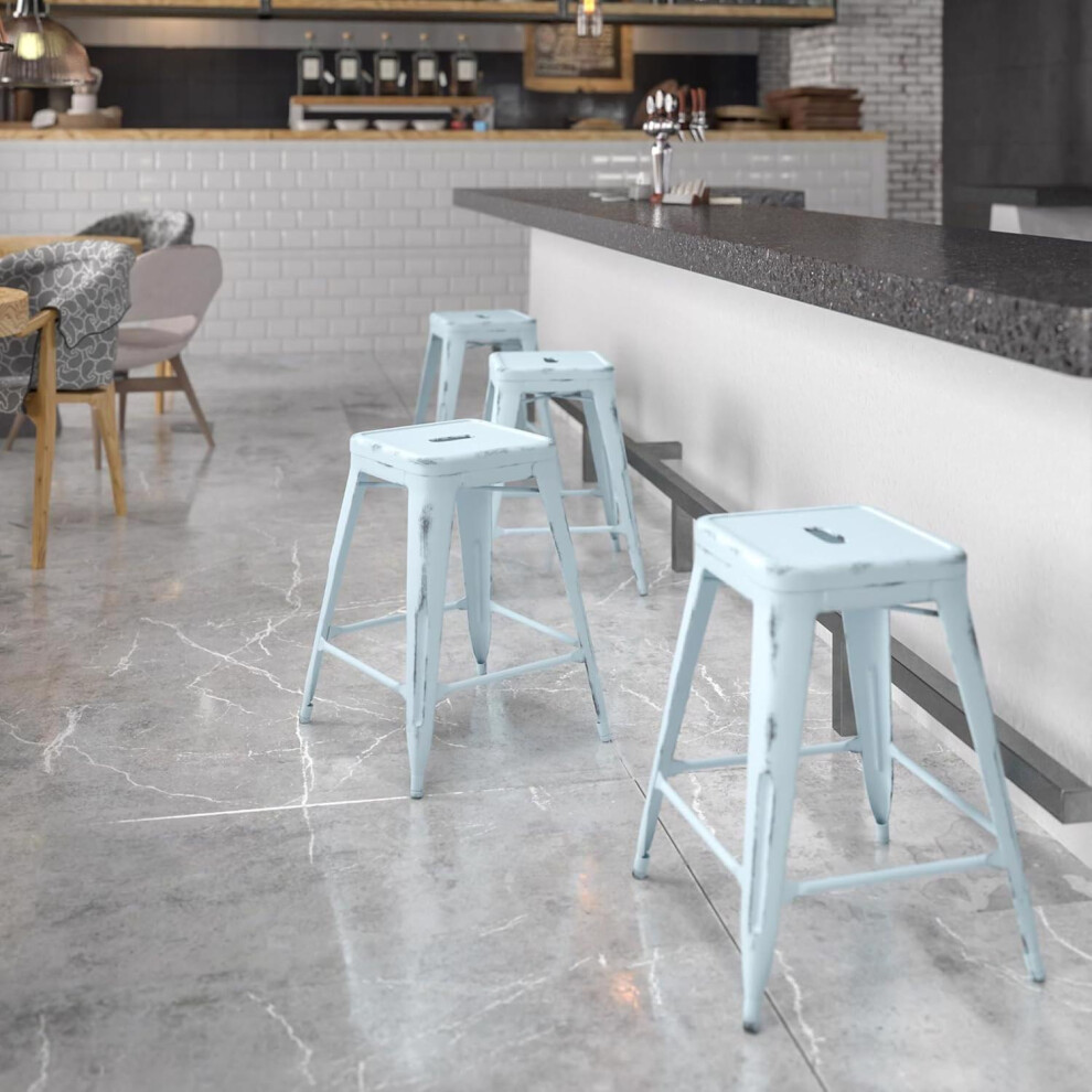 Set of 4 Pastal Blue Bar Stools 24 Inch Metal Indoor and Outdoor Counter High Stools