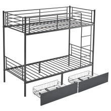 Twin Over Twin Heavy Duty Metal Bunk Bed w/ 2 Storage Drawers & Full-Length Guard Rail