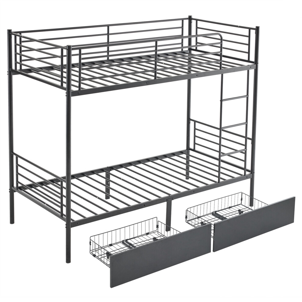 Twin Over Twin Heavy Duty Metal Bunk Bed w/ 2 Storage Drawers & Full-Length Guard Rail