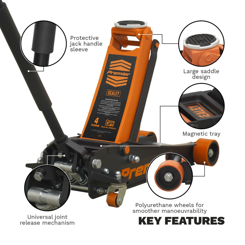 Sealey Premier Low Profile Trolley Jack with Rocket Lift 4 Tonne - Orange 4040AO-image-OPC-PH2HDFB-NEW