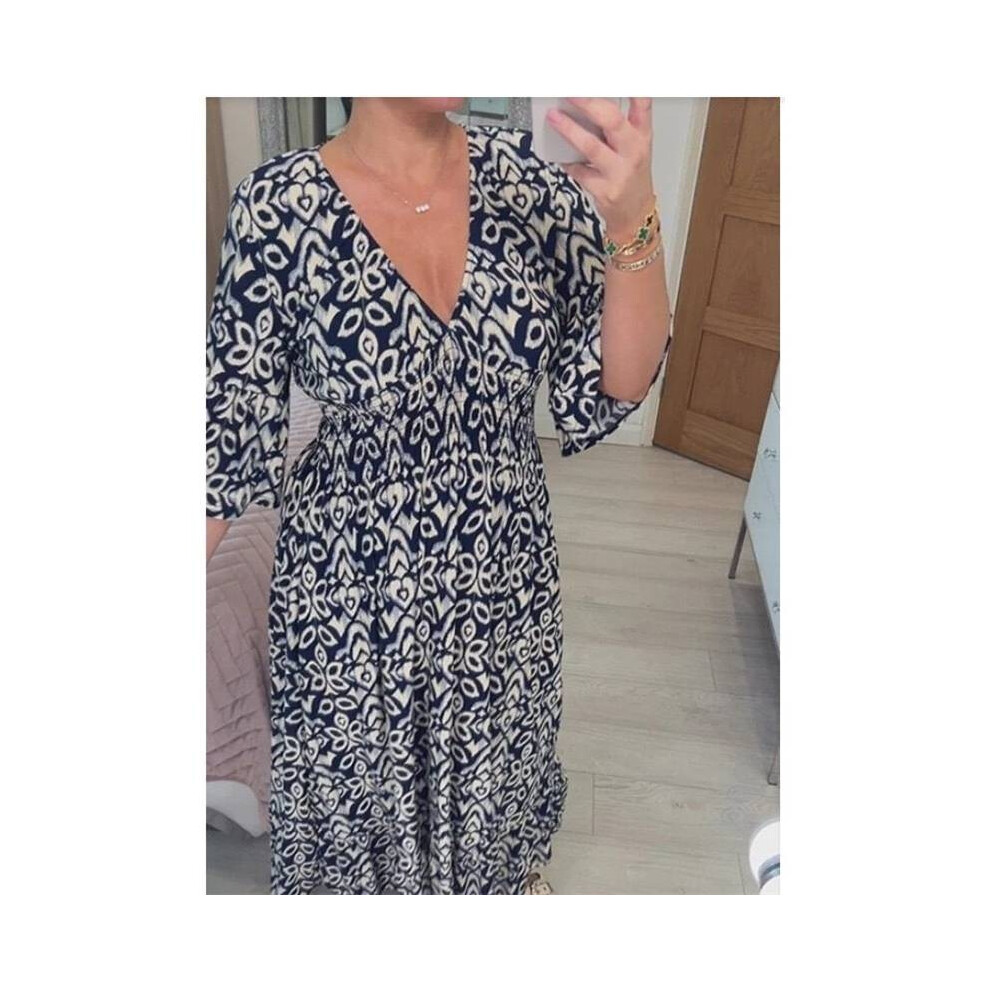 (Navy,2XL)Robe ample femme été V fleurie femme vêtements de plage fleurie bord de mer maxi vacances