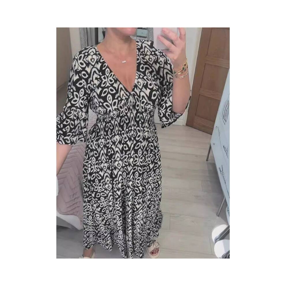 (Black,M)Robe ample femme été V fleurie femme vêtements de plage fleurie bord de mer maxi vacances