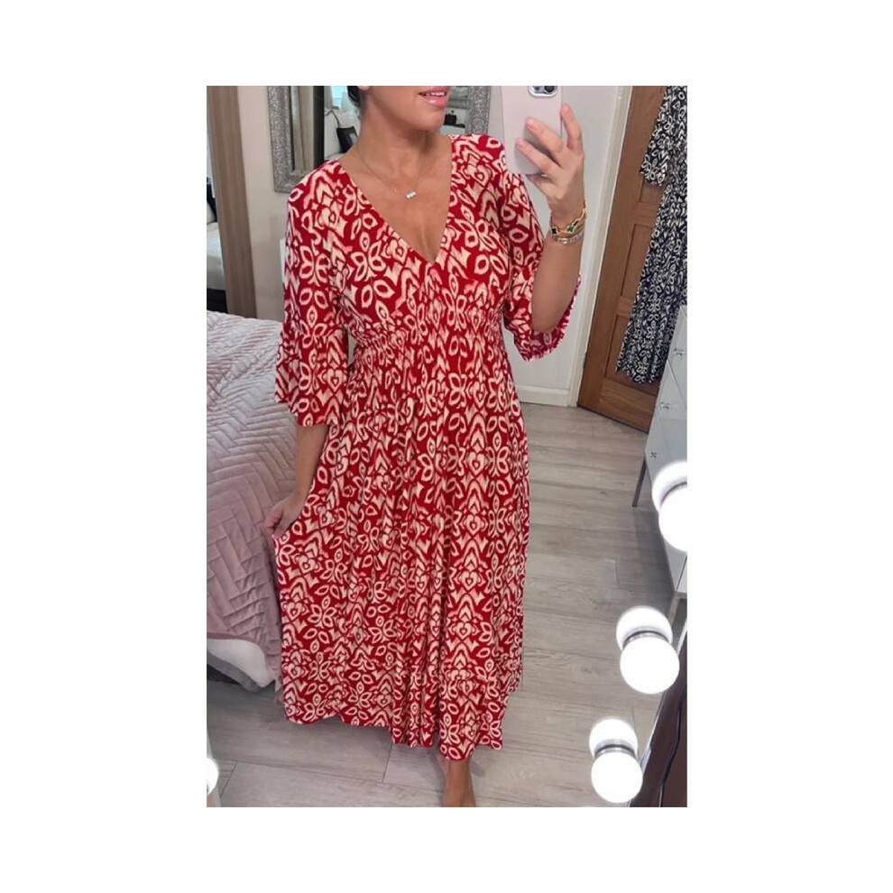 (Red,4XL)Robe ample femme été V fleurie femme vêtements de plage fleurs bord de mer vacances maxi