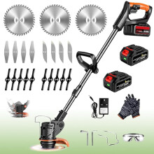 Grass Trimmer Garden Strimmer Electric Cordless with 2 × 21V Lithium Battery Fast Charger and Four Kinds Spare Blades Brush Cutter for Garden
