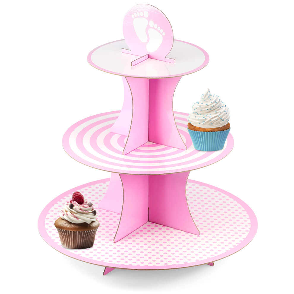(Pink) GEEZY 3 Tier Cardboard Cupcake Cake Stand Reusable Easy Assembly Birthday Wedding