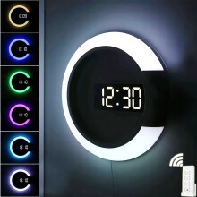 BEBETTER Led Wall Clock, Creative Remote Control, Digital Clock, Hollow Mirror, Temperature Alarm, 7 Colors Changing, Night Light For Home Office