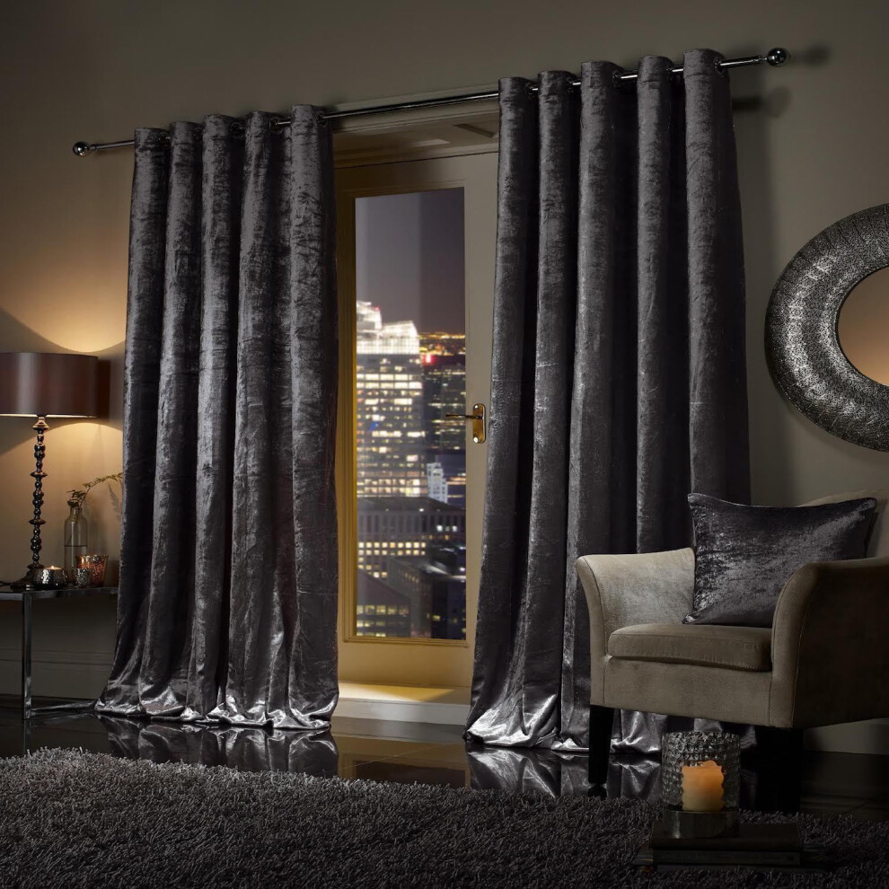 (90" width x 90" drop - 228cm width x 228cm drop., Charcoal) Blackout Eyelet Ring Top Curtains Crushed Velvet Lined Curtain Pair with Tiebacks