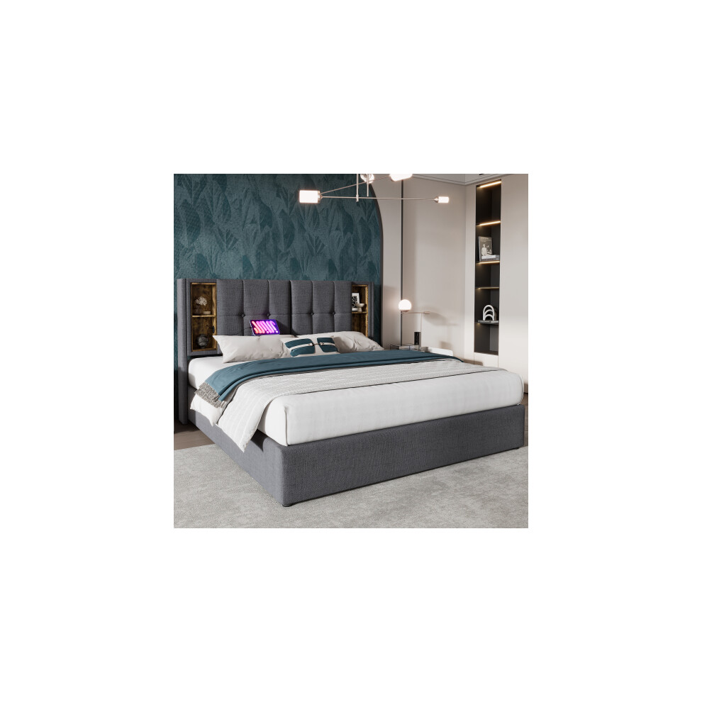 5FT King Size Upholstered Bed Frame with Wireless Charging(USB Tyep-C), Hydraulic Lever, Large Storage Space, Linen Fabric, Grey