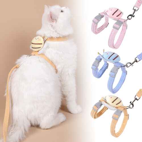 (yellow, M) Cat Harness Leash Set Cats Escape Proof Cute Bee Plaid Lightweight Soft 1