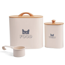 CAT FOOD STORAGE CONTAINER WITH SCOOP DRY FOOD TIN RETRO VINTAGE WOODEN LID