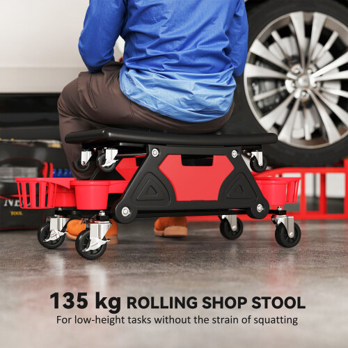 Homcom HOMCOM Rolling Mechanic Stool, 135kg Capacity Workshop Stool, Red 2