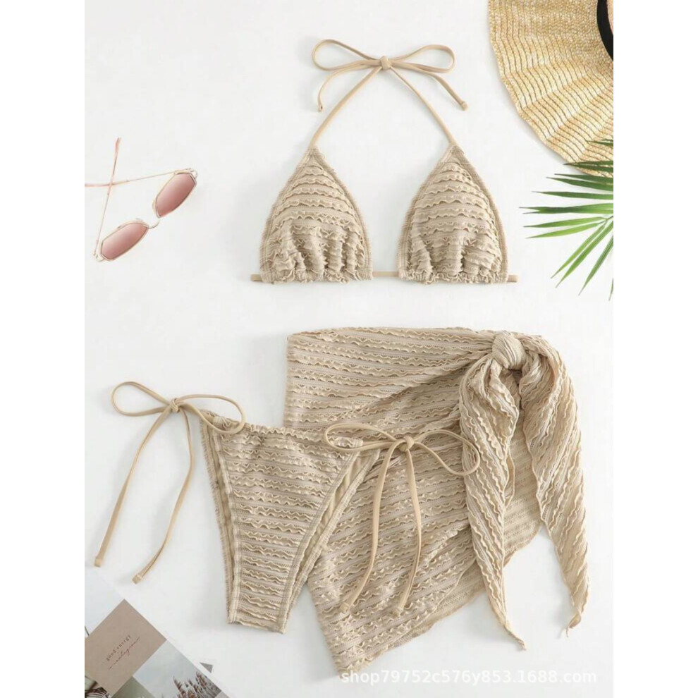 (Khaki, S) Bikini bikini split swimsuit three-piece set