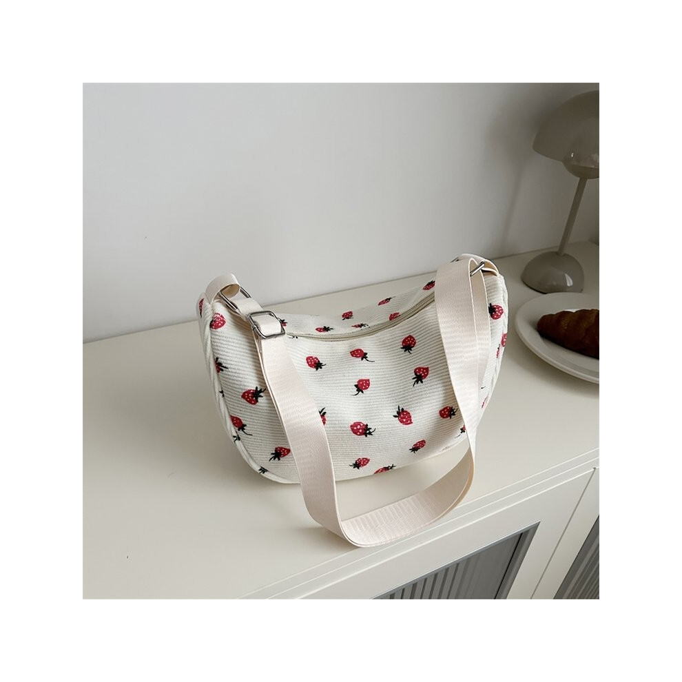 (White)Élégant sac à bandoulière été imprimé fraise pour femme avec tissu doux polyester