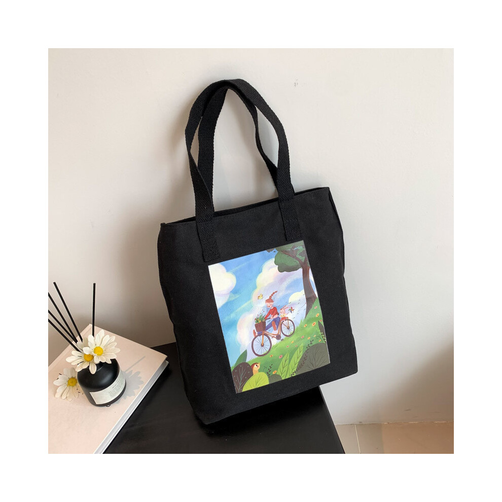 (Black)Adorable sac à main simple en toile pour femme avec design dessin animé parfait pour l'école et le shopping