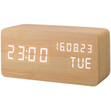 Artificial Wood LED Alarm Clock,Sound Activated Digital Clock,with Temperature/Humidity/Calendar Brightness Battery/USB Plug