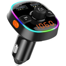 Bluetooth FM Transmitter, 7 Colors LED Bluetooth 5.0 Car Radio Adapter MP3 Player Kit, with Cigarette Lighter Charger with Dual USB Ports 5V/2.4A & 1A