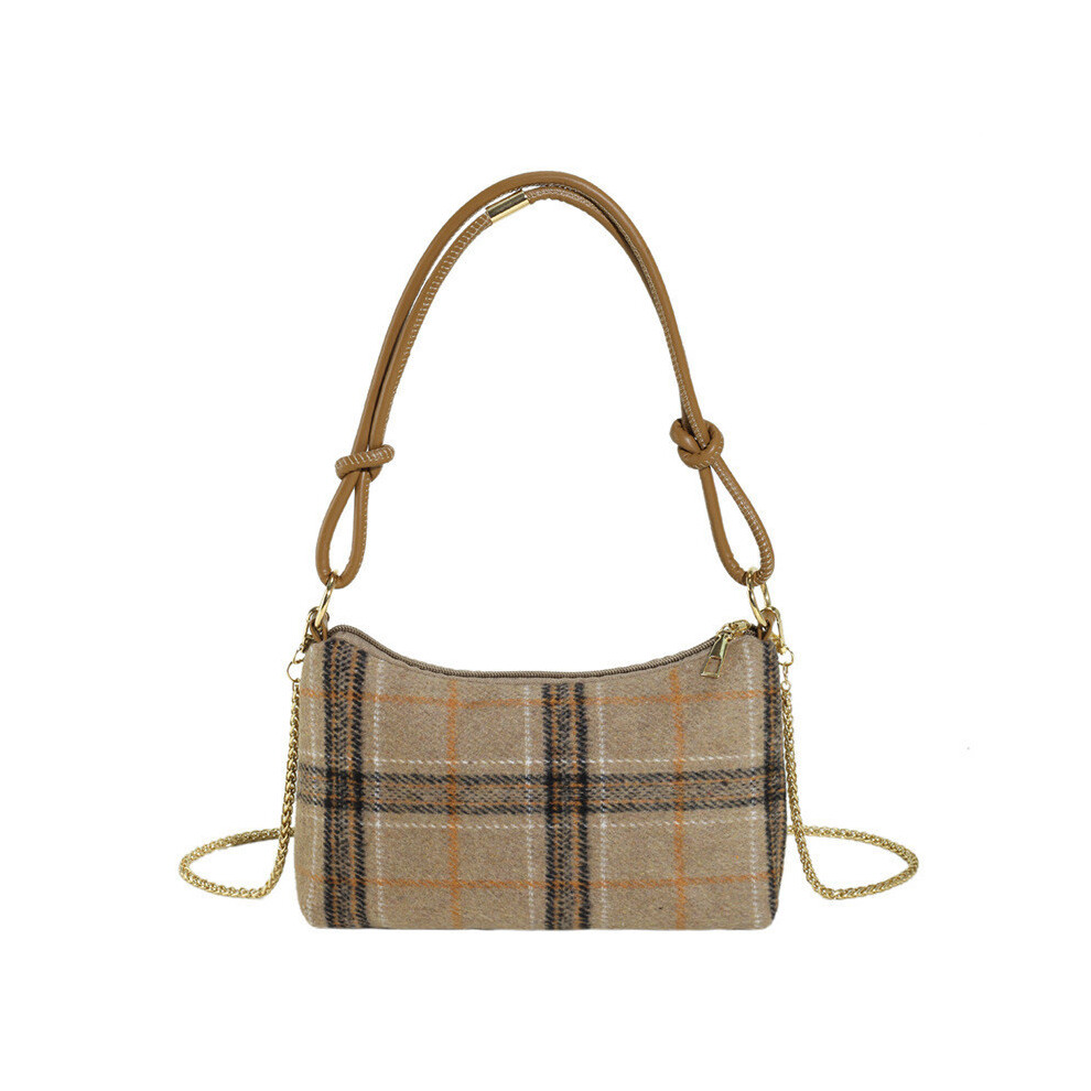 (Khaki)Élégant sac à bandoulière femme avec tissu laine douce et style à carreaux accrocheur