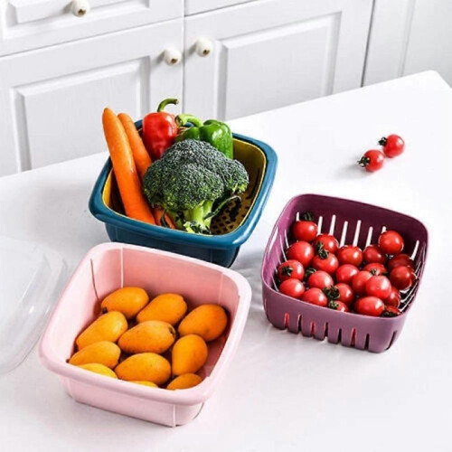3 in1 Kitchen Colander with Lid- Plastic Double-layer Fruit and Vegetable Strainer Bowl Sets /Storage(1, Blue) 1