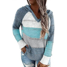 Womens Striped Color Block Hoodies Fashion V Neck Knit Sweater Pullovers