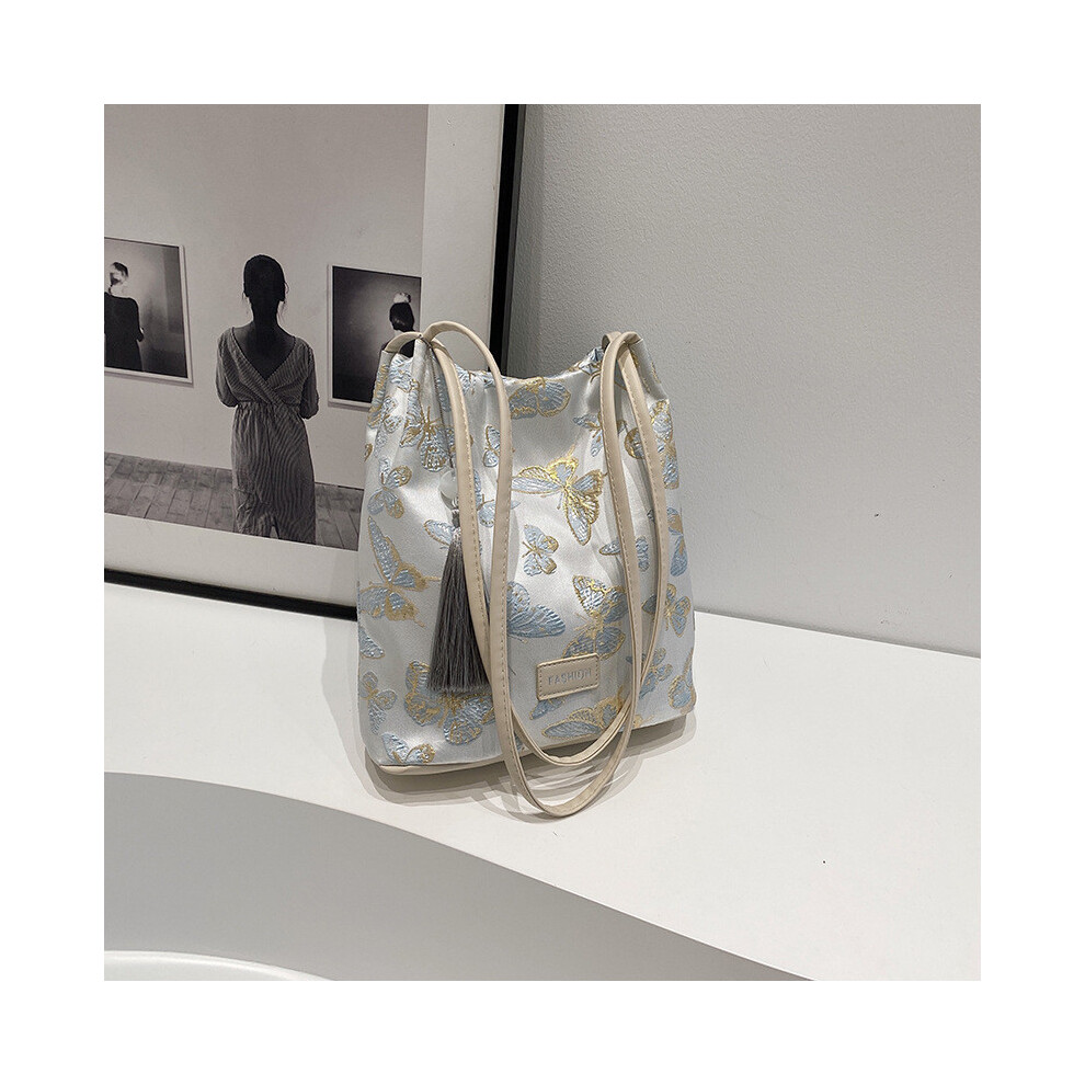 (White)Sac seau sophistiqué pour femme avec motif papillon élégant sac cabas décontracté en soie