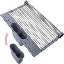 Roll Up Dish Drying Rack Over The Sink Dish Drying Rack Kitchen Rollable Stainless Steel Dish Drainer Foldable Sink Rack Mat [Light Grey, 17.4"x 15.2"