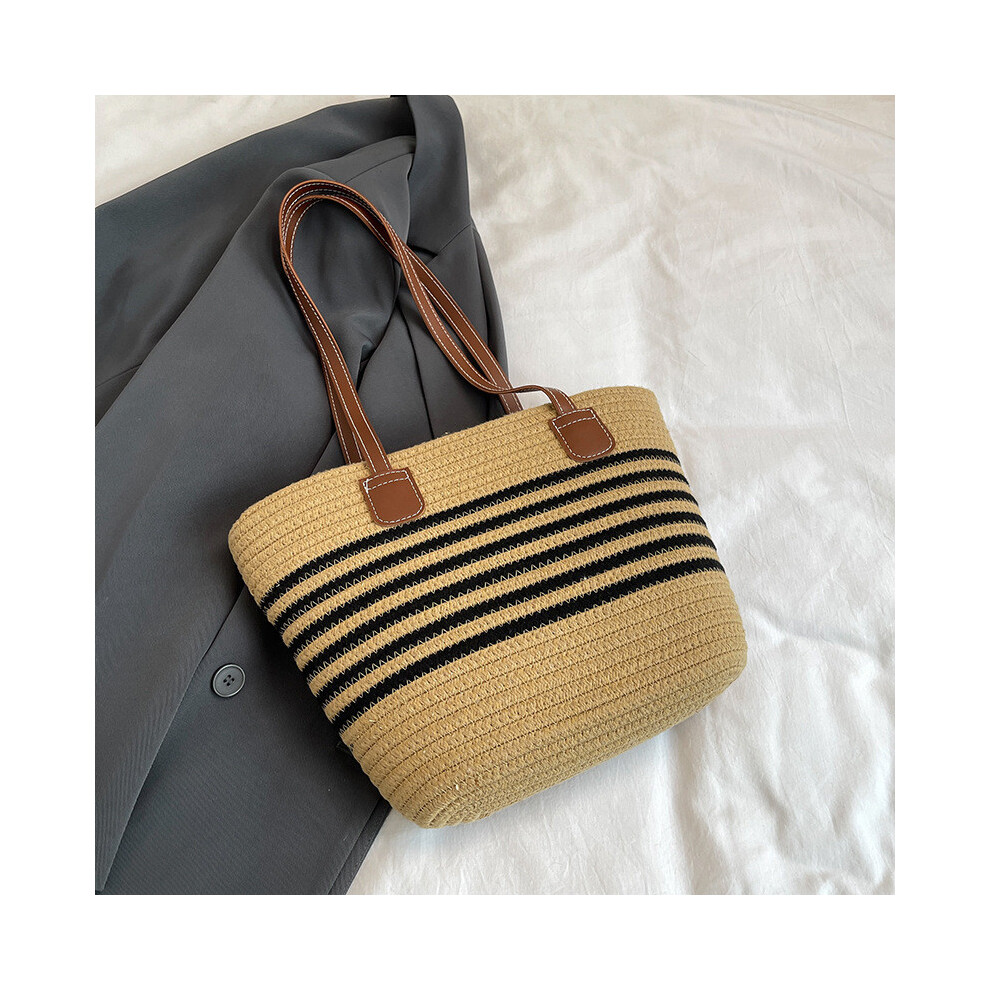 (Khaki)Sac fourre-tout décontracté fonctionnel kaki et blanc tissé sac de plage avec design spacieux