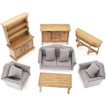 Mini Wooden Doll House Furniture Set: Cabinets, Coffee Table (Classic Doll Furniture 7 Pieces)