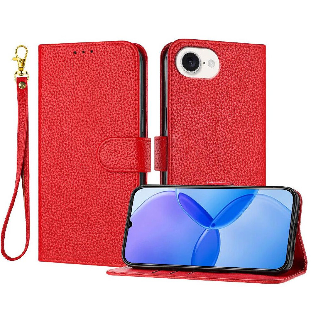 (Red) Phone Case For Iphone 16E Pu Lether Flip Folio Litchi Pattern Card Slots Holder Wallet Red 764563455348