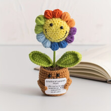 (Smiling rainbow sunflower) Handmade Crochet Sunflower Planters with Rainbow Smile Design - Inspirational "Emotional Support" Tags, Perfect for Mother'S Day