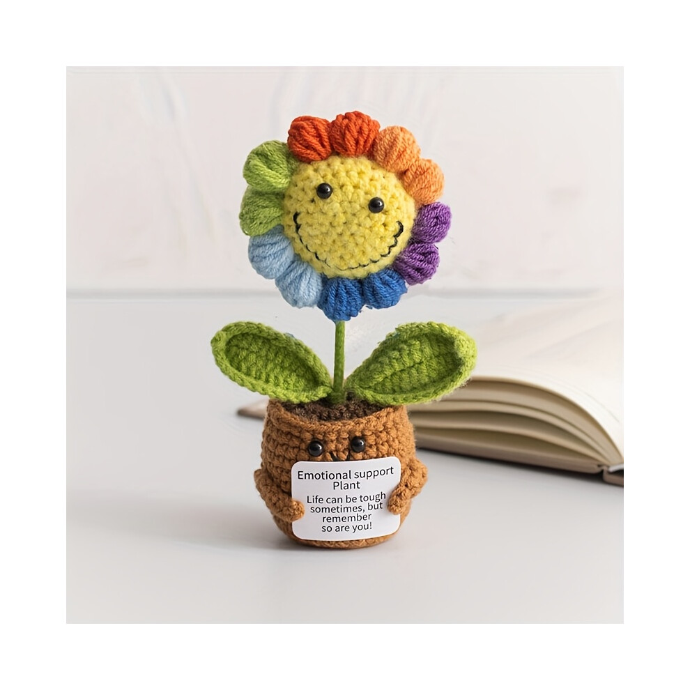 Closkye (Smiling Rainbow Sunflower) Handmade Crochet Sunflower Planters With Rainbow Smile Design - Inspirational "Emotional Support" Tags, Perfect For Mother