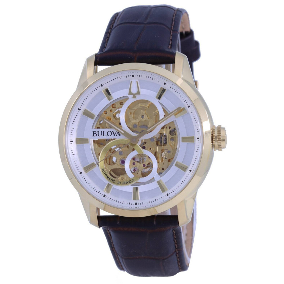 Bulova Classic Sutton Skeleton White Dial Leather Strap Automatic 97A138 Men's Watch
