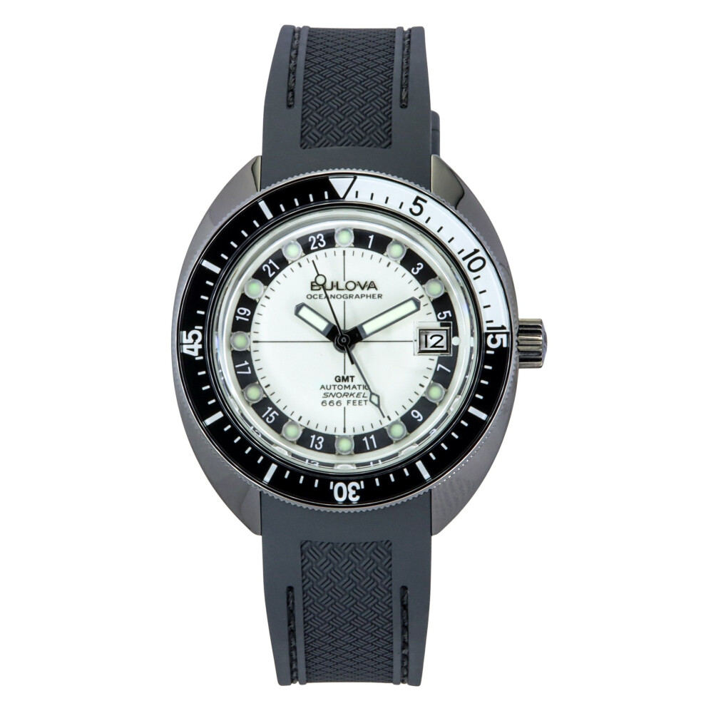 Bulova Oceanographer GMT PU Strap Full Lume White Dial Automatic Devil Diver's 98B407 200M Men's Watch