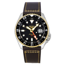 Seiko 5 Sports SKX GMT Leather Strap Black Dial Automatic SSK036K1 100M Men's Watch