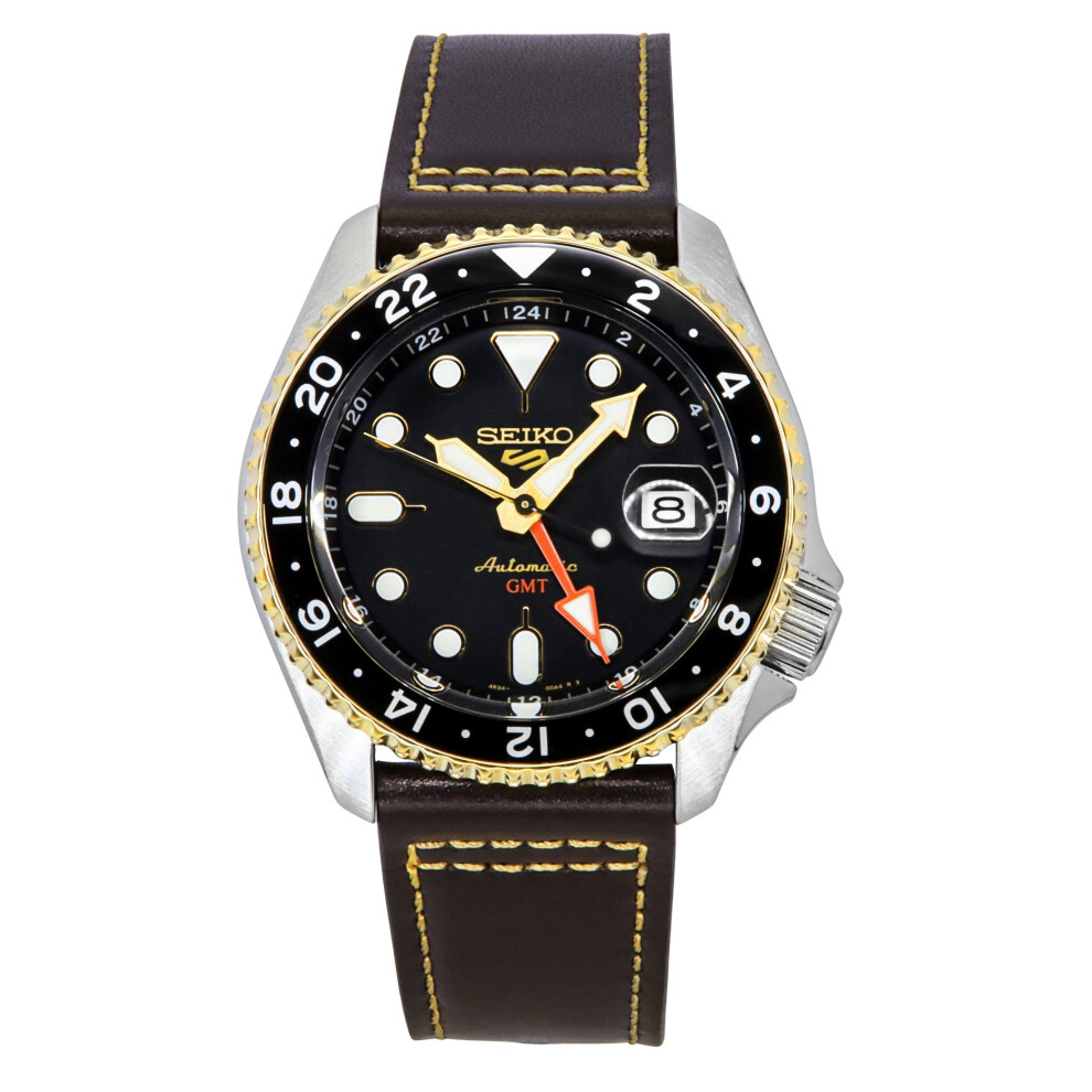 Seiko 5 Sports SKX GMT Leather Strap Black Dial Automatic SSK036K1 100M Men's Watch