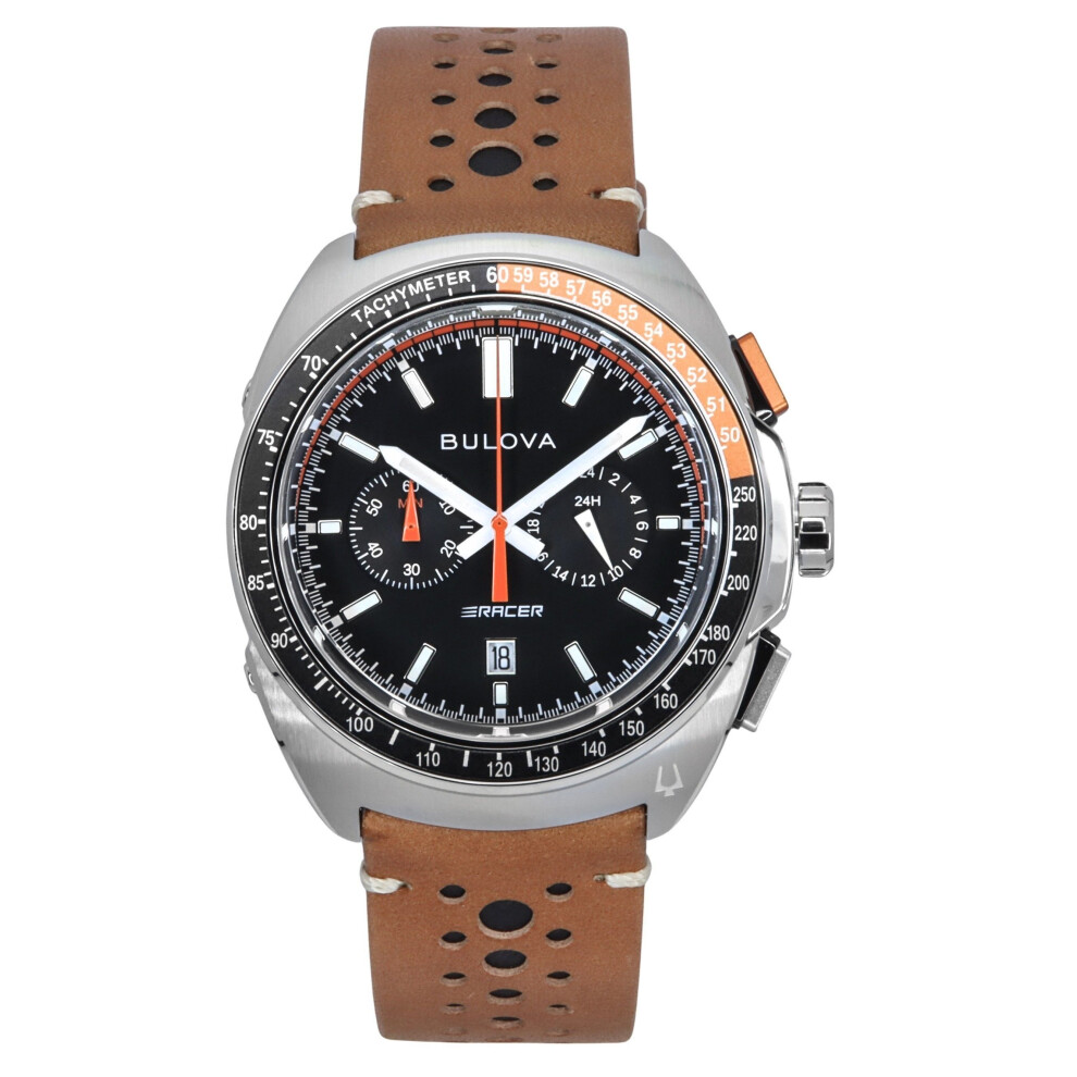 Bulova Racer Chronograph Leather Strap Black Dial Quartz 98B427 100M Men's Watch