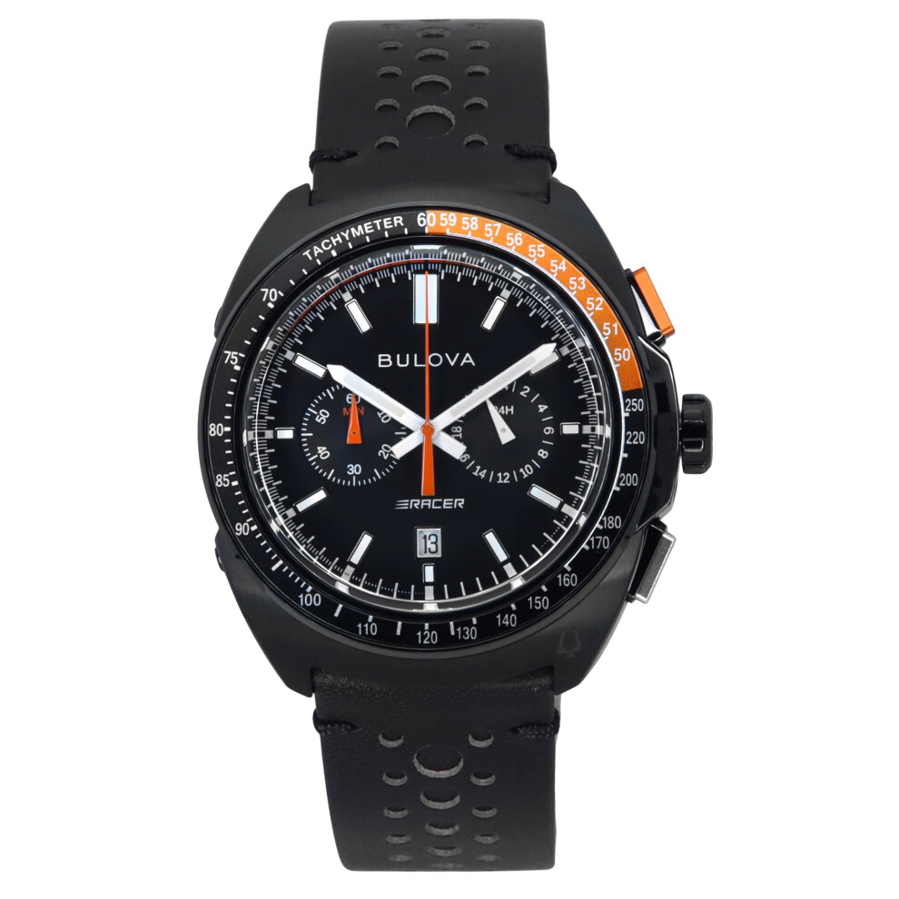 Bulova Racer Chronograph Leather Strap Black Dial Quartz 98B428 100M Men's Watch