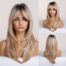 Long Blonde Wigs for Women, Layered Synthetic Hair Wig with Dark Roots for Daily Party