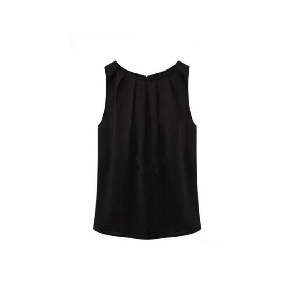 (Black,L)Gilet hauts chemise plissée sans manches femme pull col rond été polyester