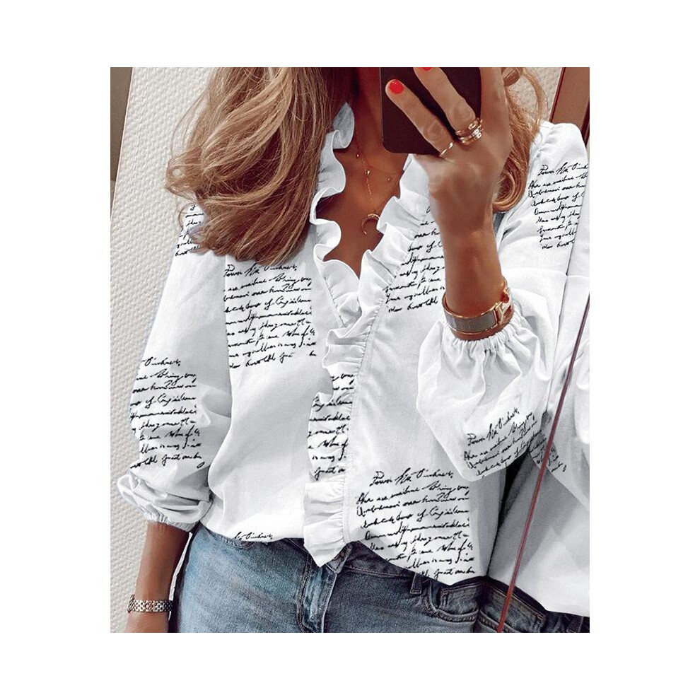 (White Letter,4XL)Chemises manches longues femme chemisier femme volants col V haut t shirts grande taille