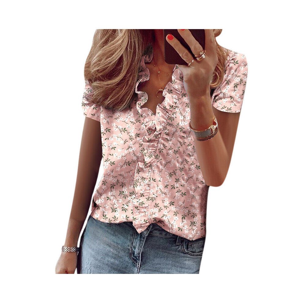 (Grass,XL)T-shirt femme col V à volants manches courtes décontracté basique chemisier hauts chemises