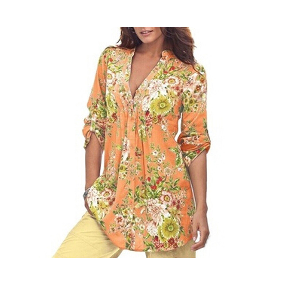 (Yellow,2XL)Chemise femme hauts vintage imprimé floral col v tunique hauts grande taille chemisier hauts