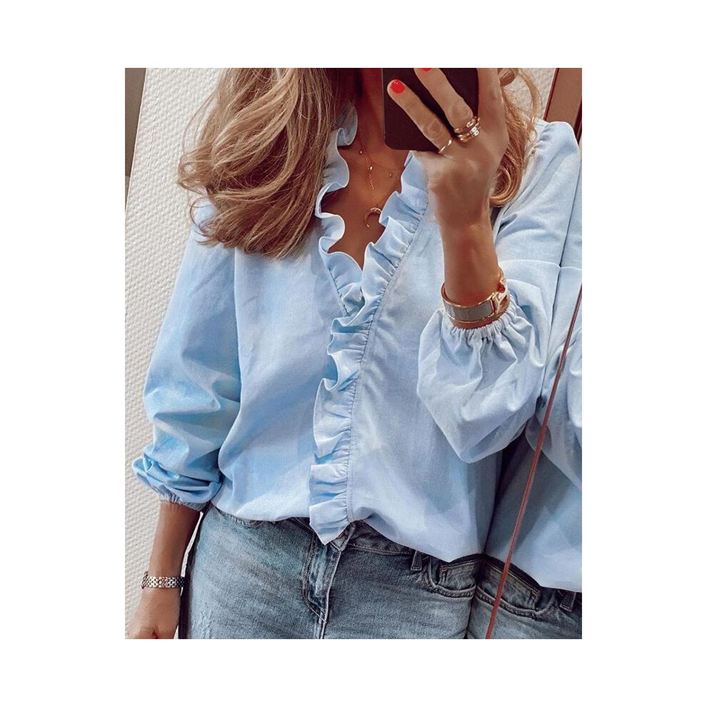 (Blue,2XL)Chemises manches longues femme chemisier femme volants col V haut t shirts grande taille