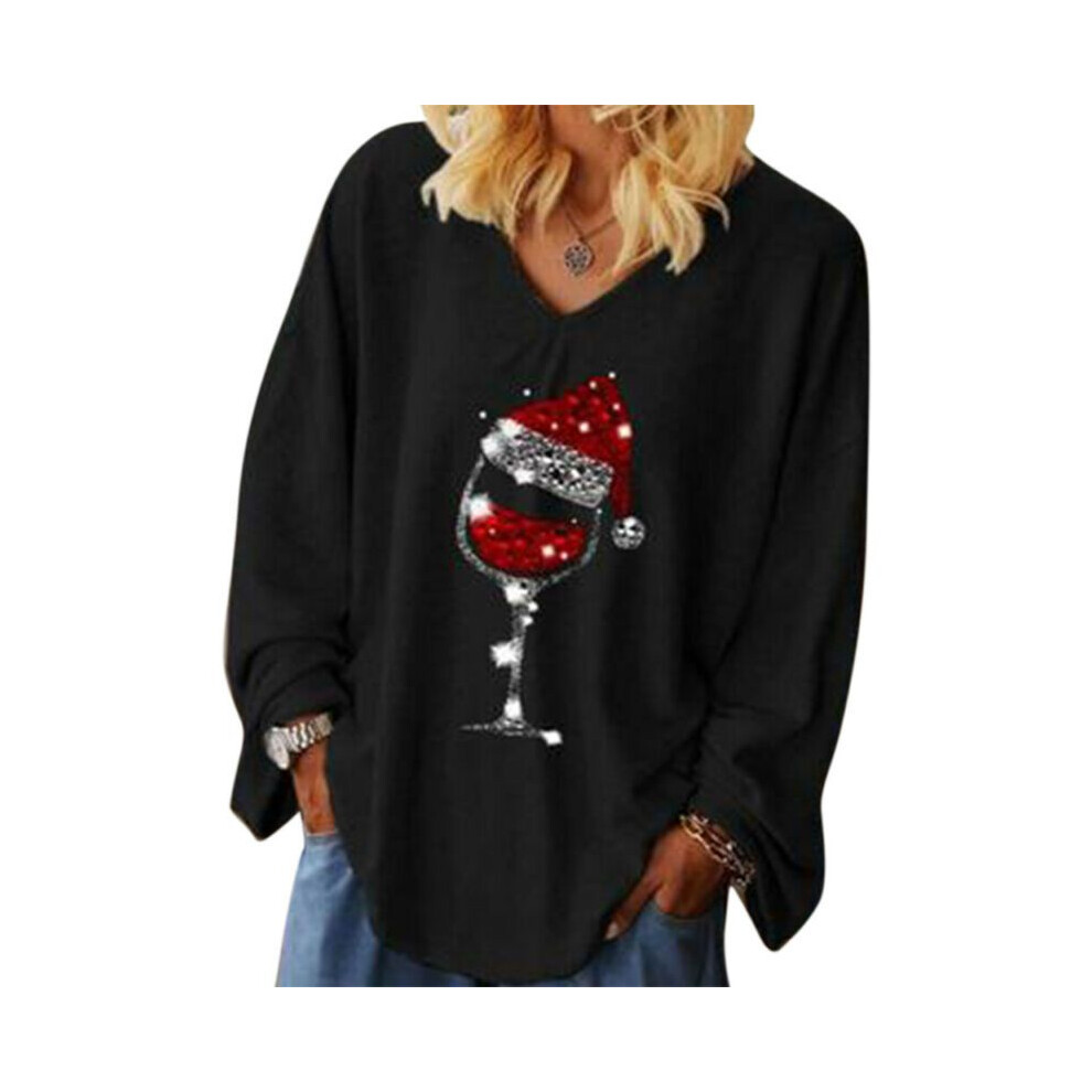 (Black,2XL)Tee shirt femme Noël verre vin col v manches longues pull hauts chemisier