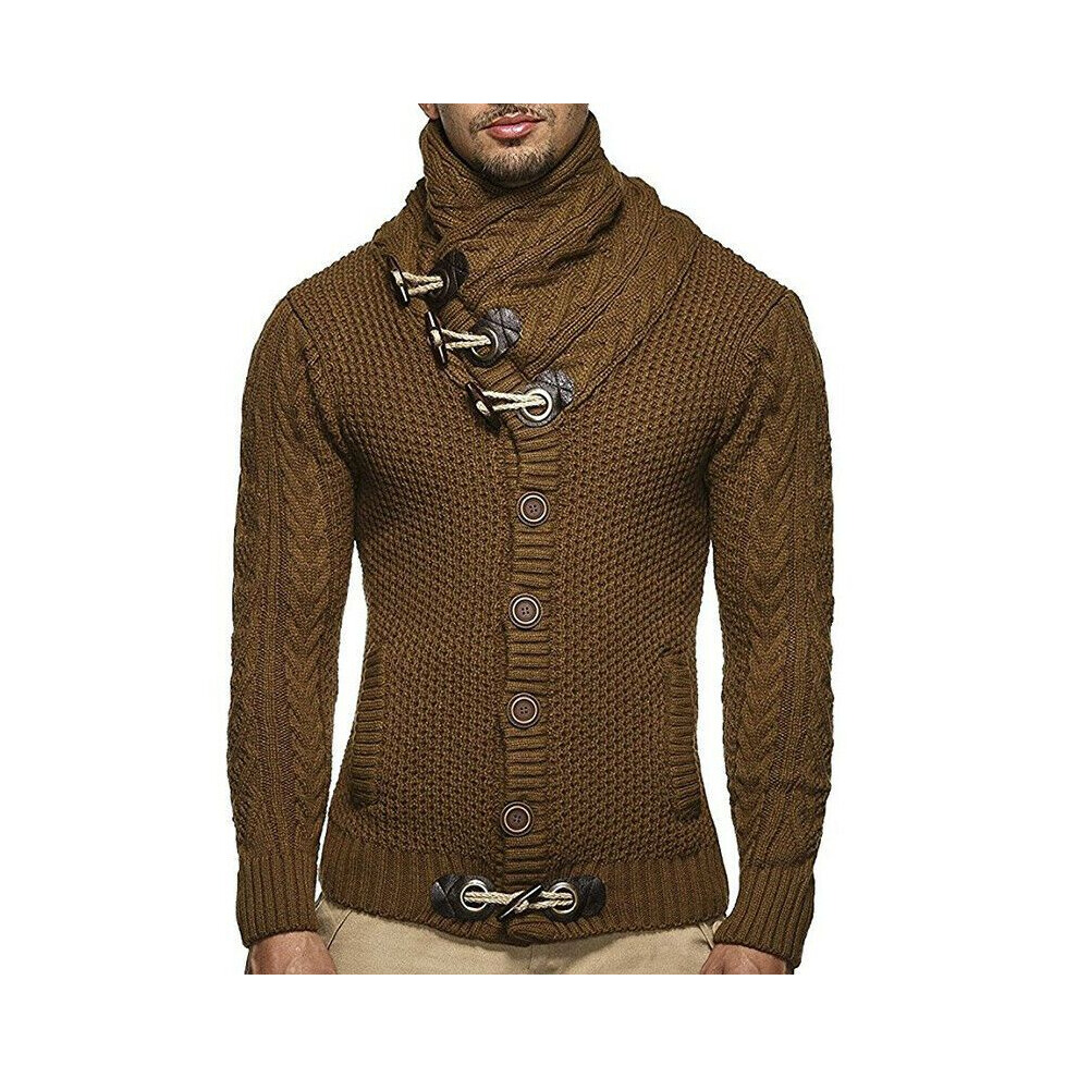 (Tan,L)Pull homme manches longues tricoté corne bouton pull cardigan col roulé manteau