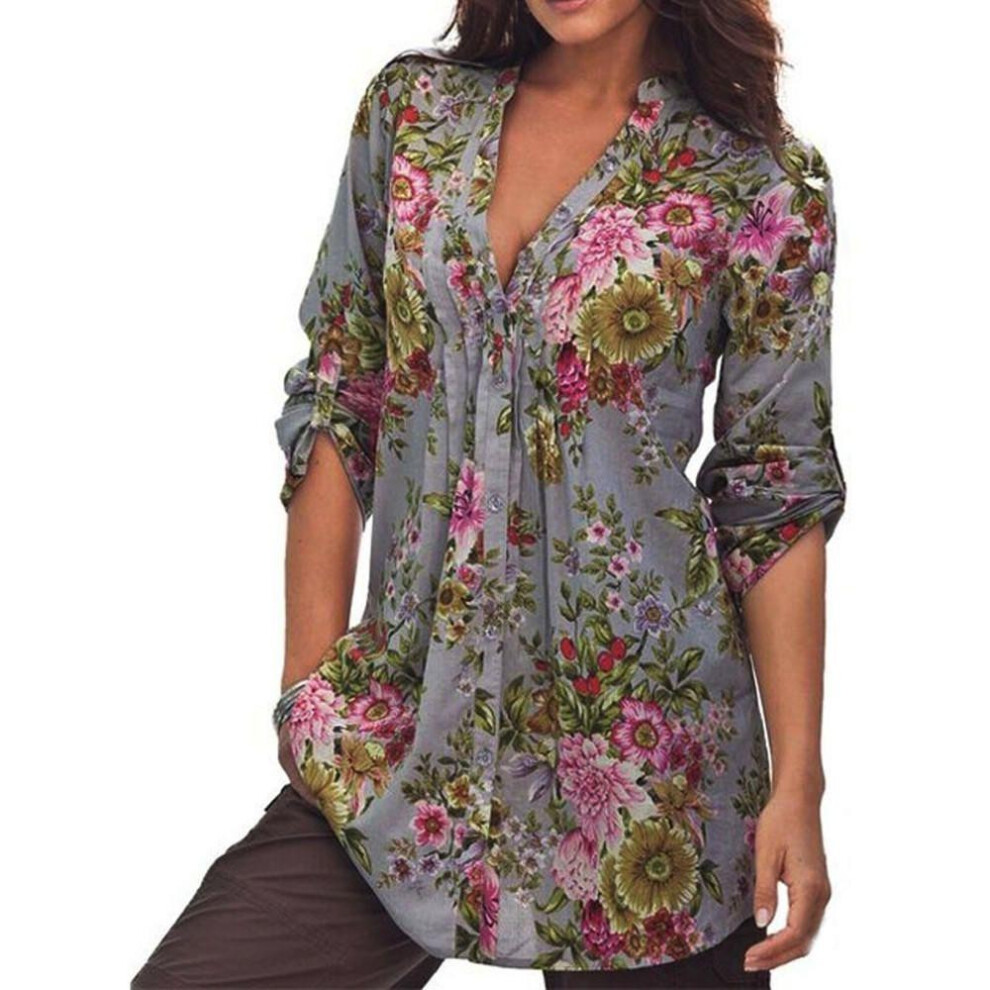 (gray,5XL)Vêtements femme manches longues Bb femme imprimé floral col v grande taille hauts tunique