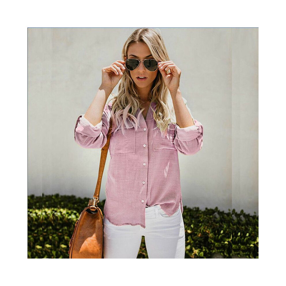 (Pink,L)Haut femme manches longues femme boutonné décontracté chemisier chemise hauts tshirt