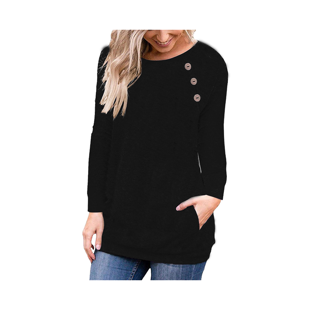 (Black,XL)Pull femme manches longues femme bouton uni sweat haut pull ample