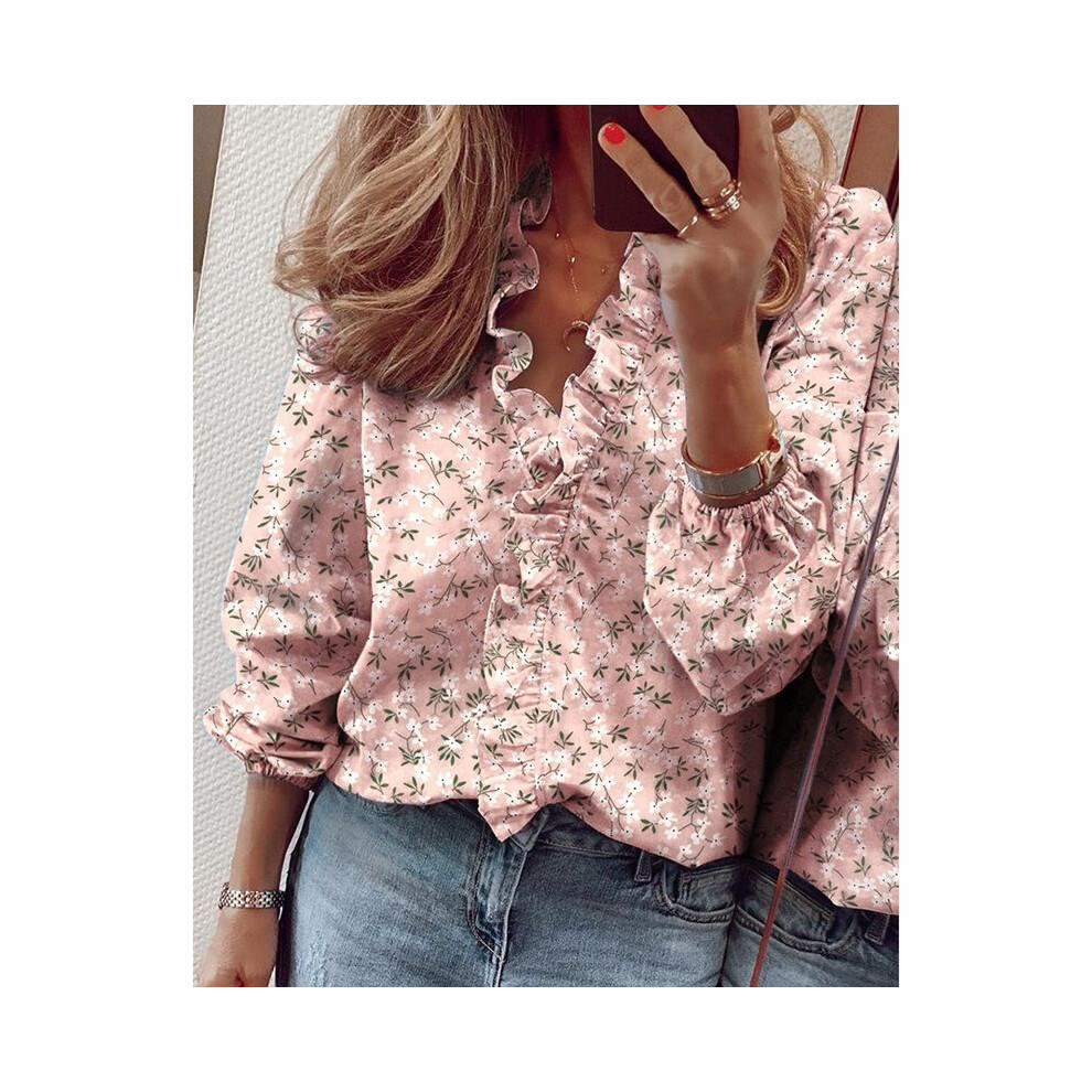 (PinkFloral,4XL)Chemises femme manches longues chemisier femme volants col V haut t shirts taille plus